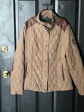 Ralph Lauren Quilted Tan Puffer Jacket with Brown Trim